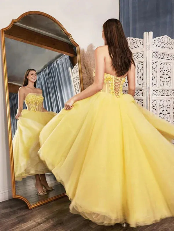 Whimsical Yellow Prom Dress With Tea Length Strapless Glitter Tulle Appliques Lace Up Back For Romantic Style Lovers