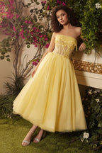 Whimsical Yellow Prom Dress With Tea Length Strapless Glitter Tulle Appliques Lace Up Back For Romantic Style Lovers