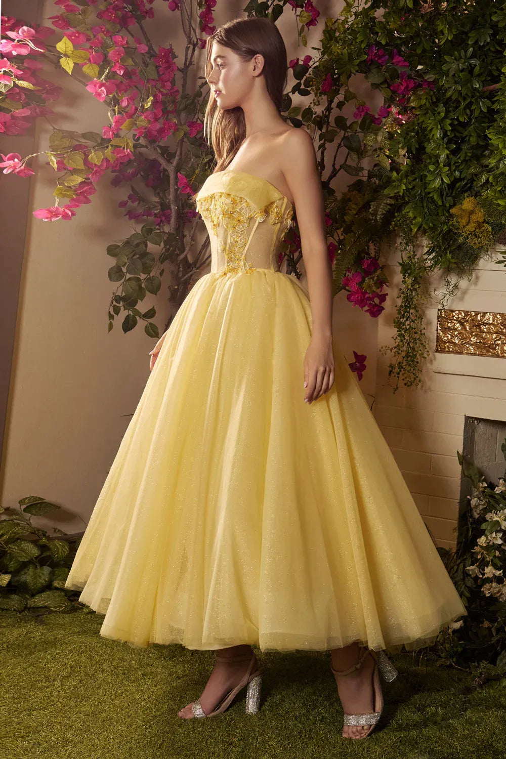Whimsical Yellow Prom Dress With Tea Length Strapless Glitter Tulle Appliques Lace Up Back For Romantic Style Lovers