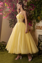 Whimsical Yellow Prom Dress With Tea Length Strapless Glitter Tulle Appliques Lace Up Back For Romantic Style Lovers