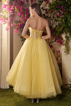 Whimsical Yellow Prom Dress With Tea Length Strapless Glitter Tulle Appliques Lace Up Back For Romantic Style Lovers