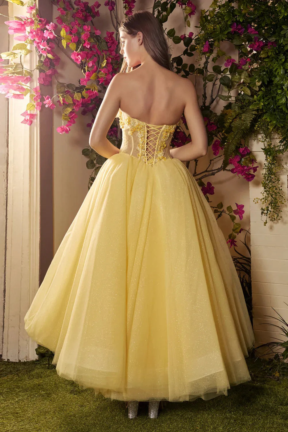 Whimsical Yellow Prom Dress With Tea Length Strapless Glitter Tulle Appliques Lace Up Back For Romantic Style Lovers