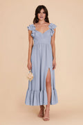 Whimsical Dusty Blue Chiffon Ruffle-Trim Plunging V-Neck Tiered Midi-Length Bridesmaid Gown