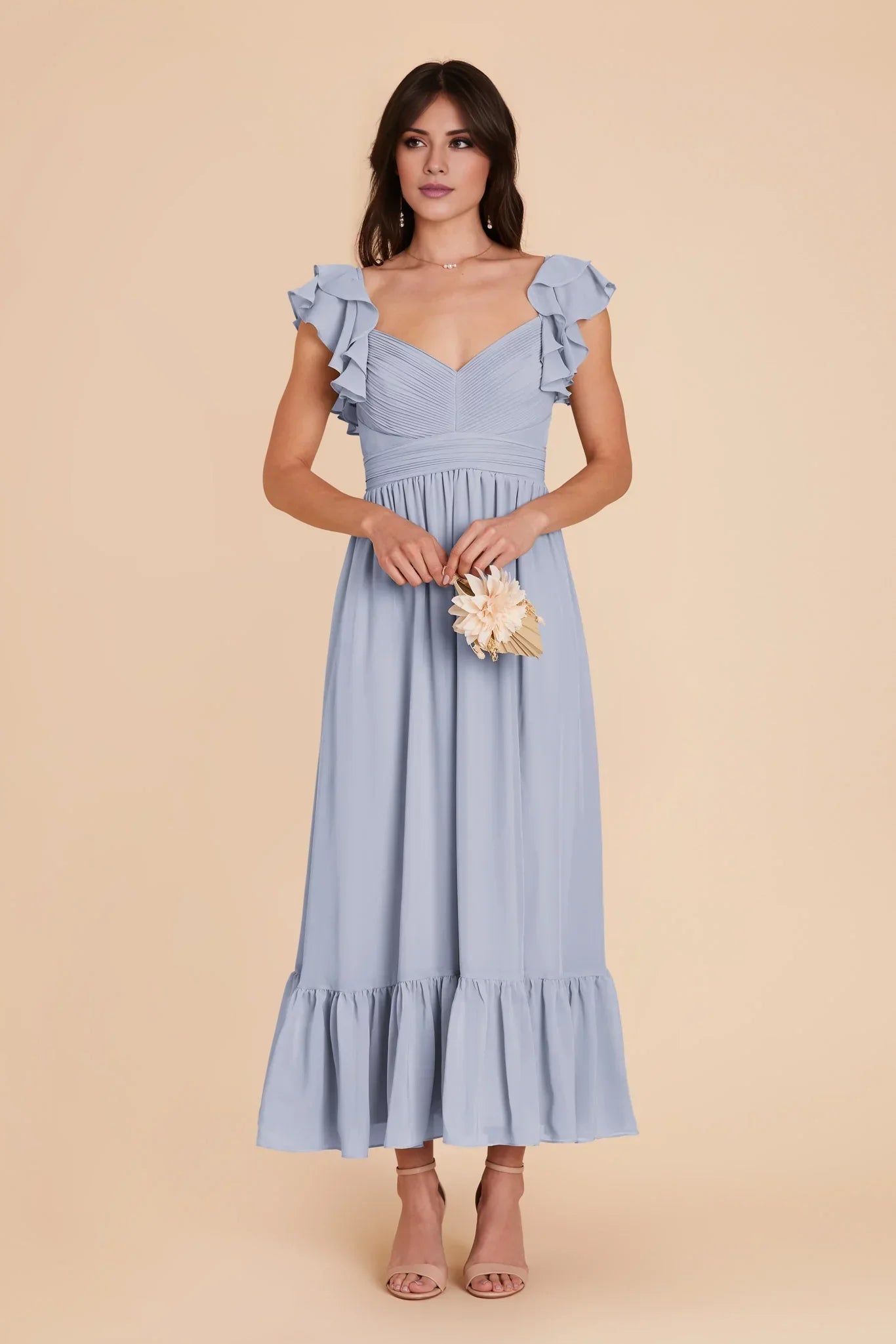 Whimsical Dusty Blue Chiffon Ruffle-Trim Plunging V-Neck Tiered Midi-Length Bridesmaid Gown