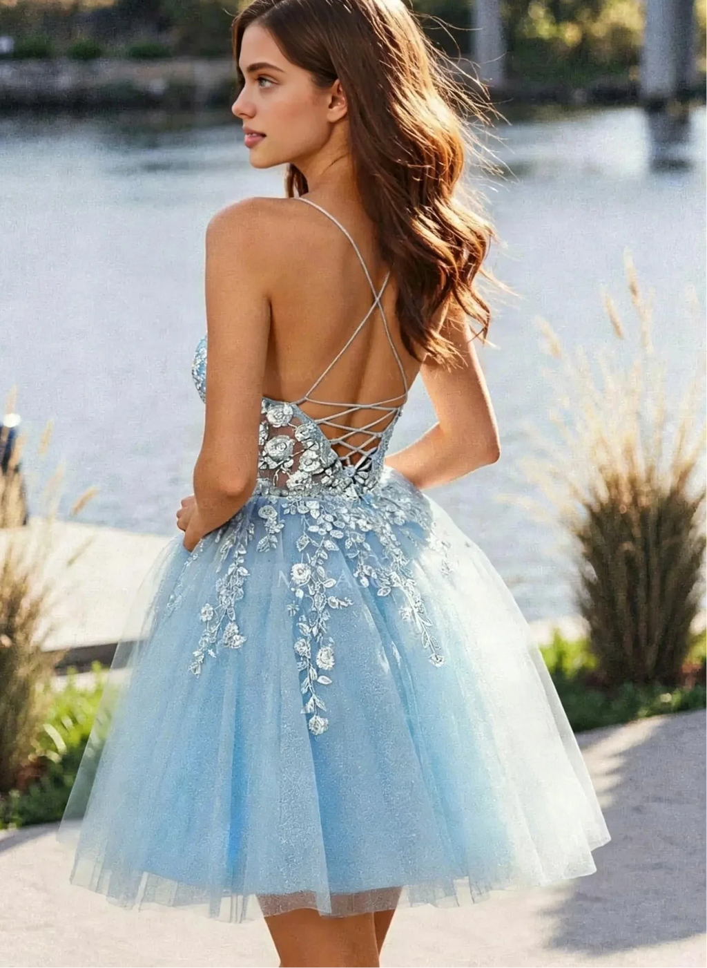 Whimsical A-Line Spaghetti Strap V-Neck Lace-Up Back Floral Appliqué Glitter Mini Homecoming Dress