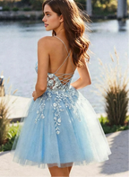 Whimsical A-Line Spaghetti Strap V-Neck Lace-Up Back Floral Appliqué Glitter Mini Homecoming Dress