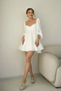 White Puff Sleeve Sweetheart Bow Back A-Line Casual Bridal Mini Dress