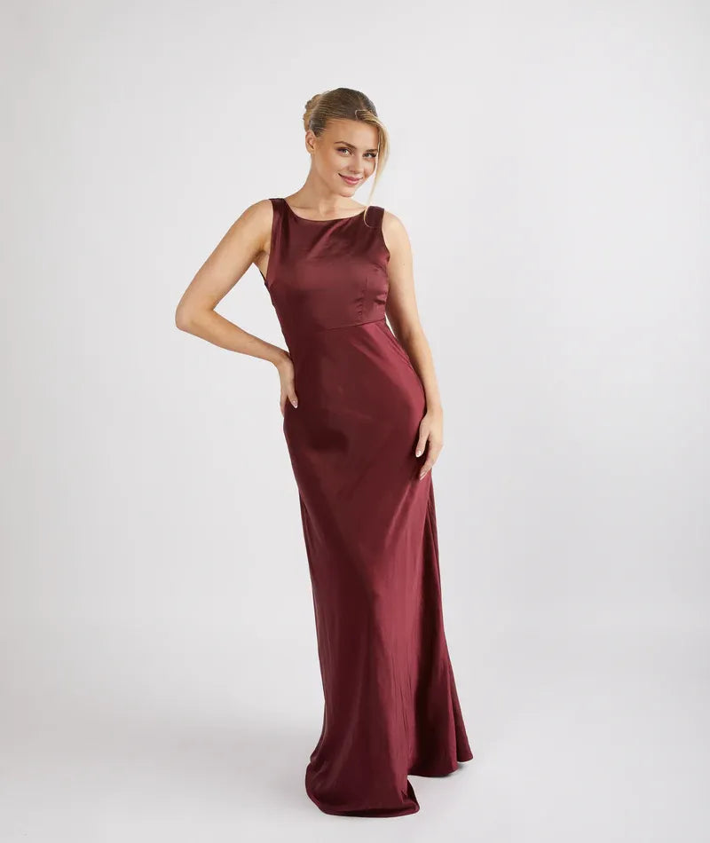 Dress Fashion Cowl Back Bridesmaid Dress Maxi Dress Solid Color Champagne Boat Neck Sleeveless Prom Dress