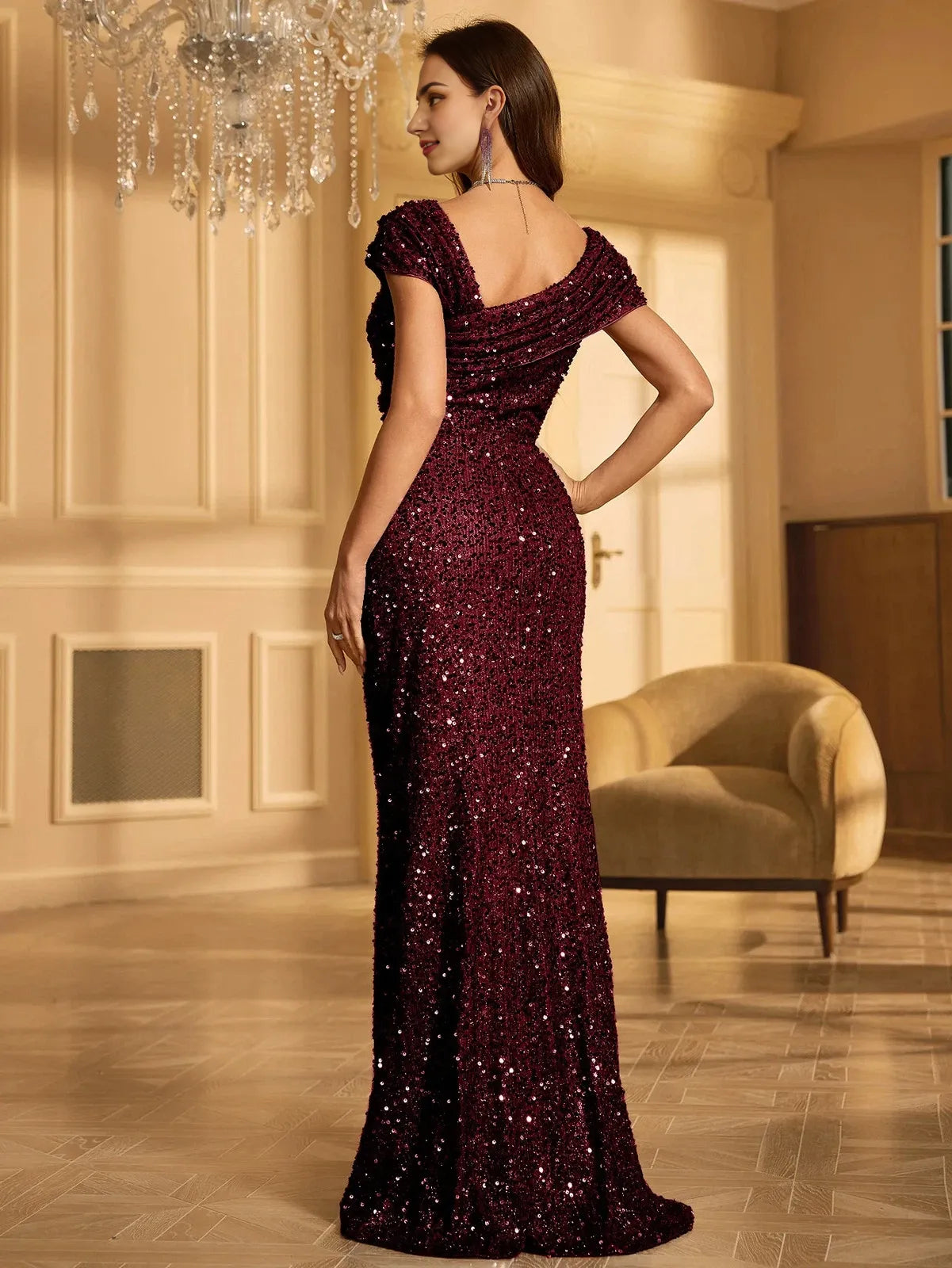 Women’s One Shoulder Sleeveless Floor-Length Glitter Formal Evening Dress Cocktail Dresses