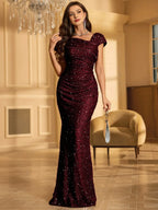 Women’s One Shoulder Sleeveless Floor-Length Glitter Formal Evening Dress Cocktail Dresses