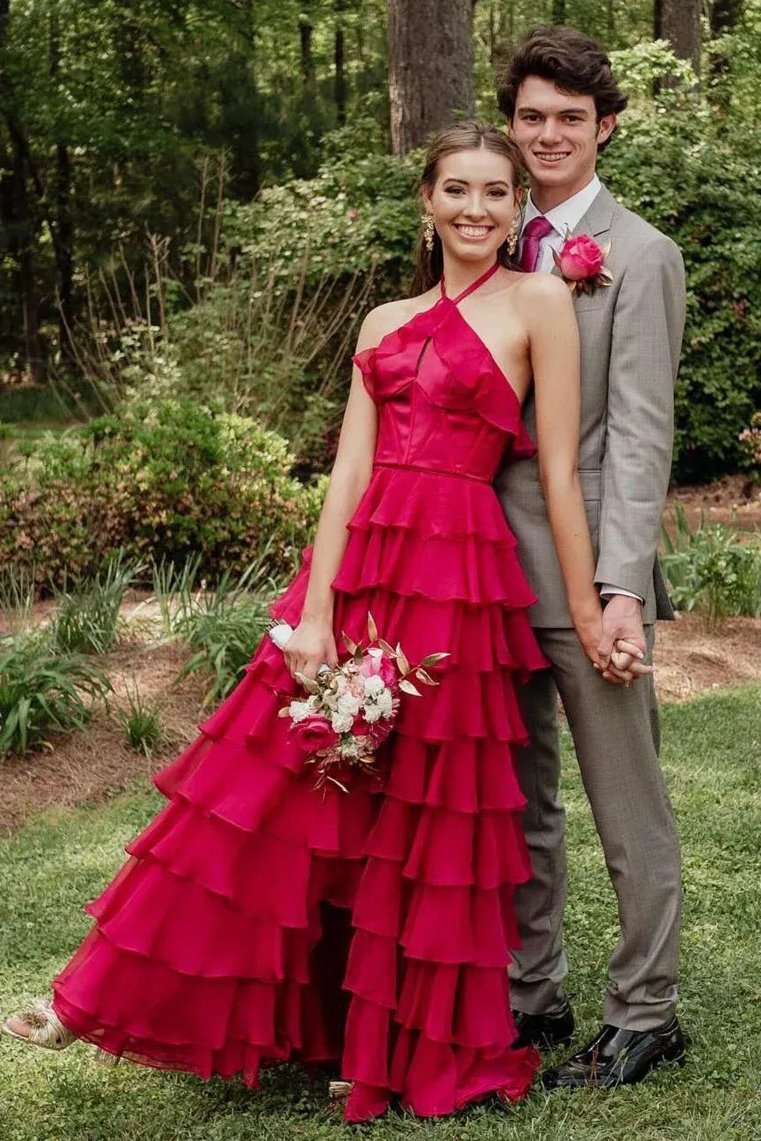 Wonderful Halter Sleeveless Empire A-Line Tiered Long Prom Dress