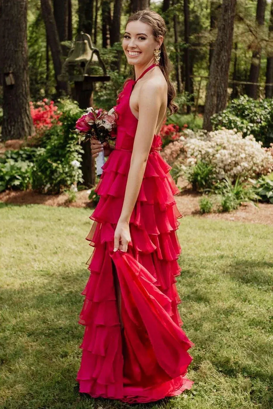 Wonderful Halter Sleeveless Empire A-Line Tiered Long Prom Dress