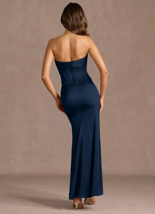 Robe de Bal Bustier Sirène en Satin avec Dos Ouvert et Nœud, Longueur Ras du Sol, Vente Chaude