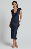 Navy Wrap Front Cap Sleeve Bias Cut Ankle-Length Dress Sheath Solid Color Simple Full Coverage Evening Dress
