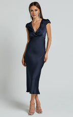 Navy Wrap Front Cap Sleeve Bias Cut Ankle-Length Dress Sheath Solid Color Simple Full Coverage Evening Dress