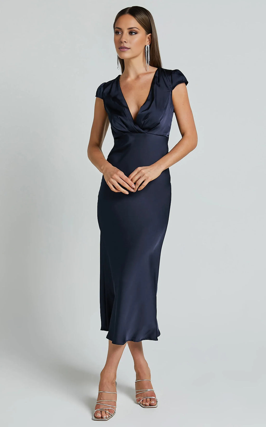 Navy Wrap Front Cap Sleeve Bias Cut Ankle-Length Dress Sheath Solid Color Simple Full Coverage Evening Dress