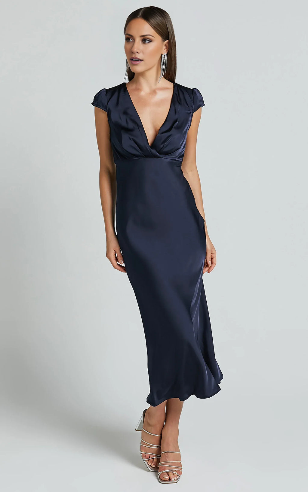 Navy Wrap Front Cap Sleeve Bias Cut Ankle-Length Dress Sheath Solid Color Simple Full Coverage Evening Dress
