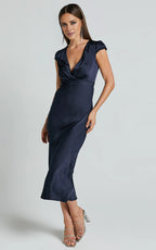 Navy Wrap Front Cap Sleeve Bias Cut Ankle-Length Dress Sheath Solid Color Simple Full Coverage Evening Dress