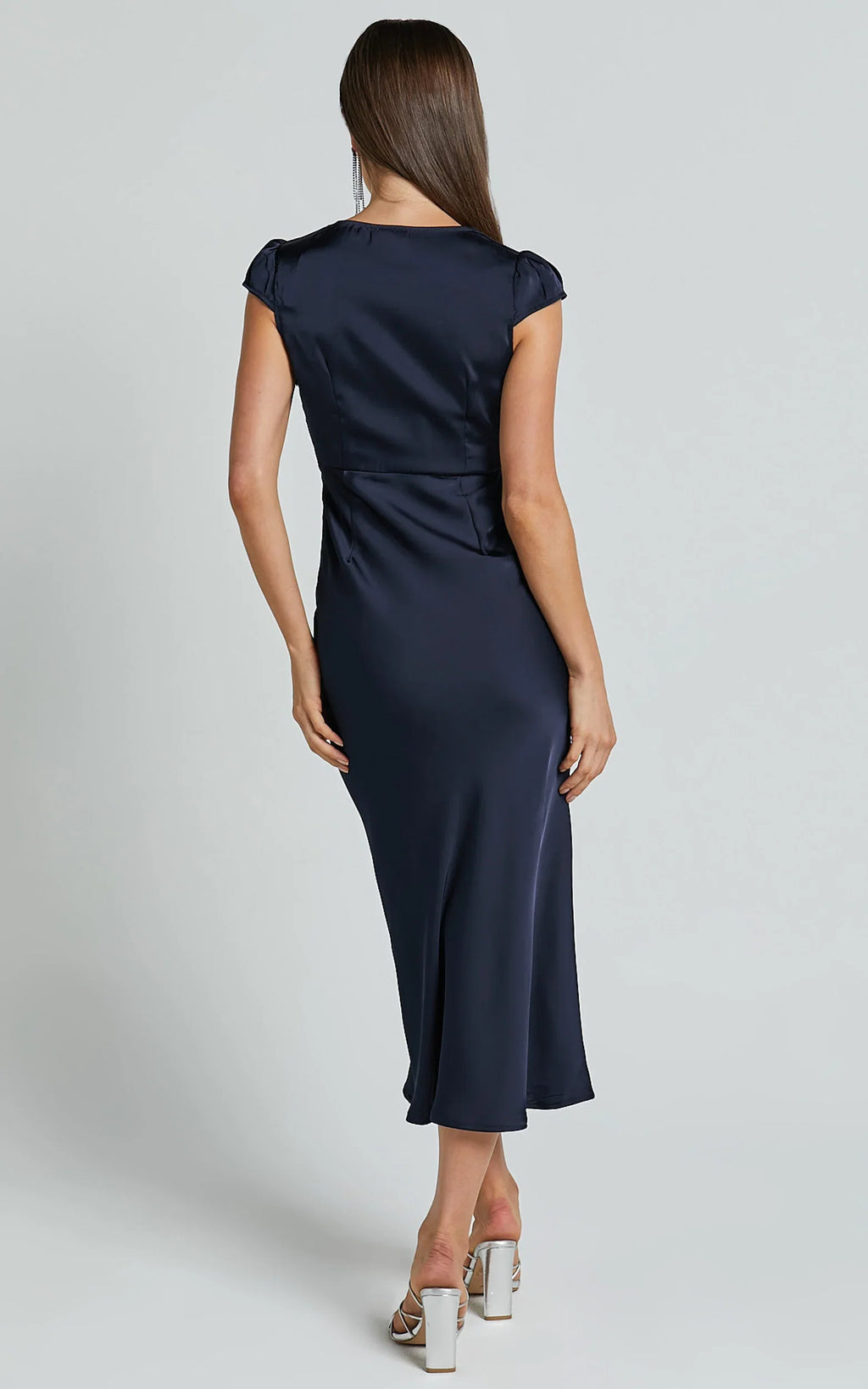 Navy Wrap Front Cap Sleeve Bias Cut Ankle-Length Dress Sheath Solid Color Simple Full Coverage Evening Dress
