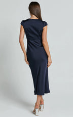 Navy Wrap Front Cap Sleeve Bias Cut Ankle-Length Dress Sheath Solid Color Simple Full Coverage Evening Dress