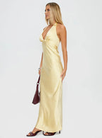 Yellow Halter Neck Backless Maxi Dress Cute Affordable Prom Dresses
