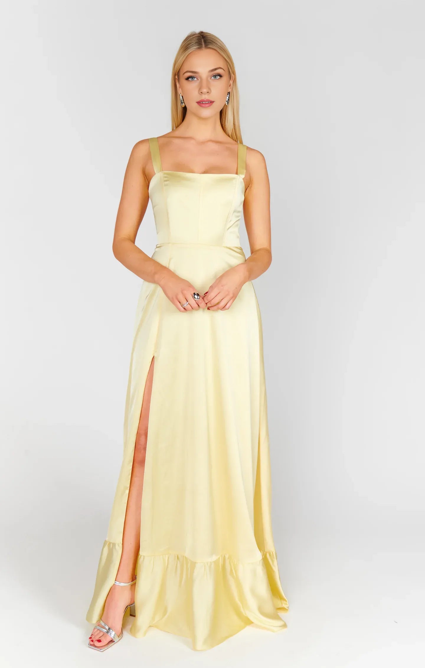 Dress Regular Straps Square Neck Sleeveless Maxi Dress Column Simple Crisscross Back Prom Dress With Slit
