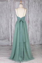 A Line Backless Lace Green Long Prom Dresses, Backless Green Lace Formal Graduation Evening Dresses - luolandi