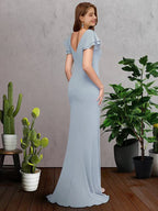 A-Line Bridesmaid Dress Jewel Neck Short Sleeve Elegant Sweep / Brush Train Chiffon with Ruffles - luodilan