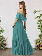 A-Line Bridesmaid Dress Off Shoulder Sleeveless Elegant Floor Length Chiffon with Ruffles - luodilan