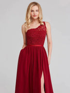 A-Line Bridesmaid Dress One Shoulder Sleeveless Elegant Long Length Chiffon / Lace with Sash / Ribbon - luodilan