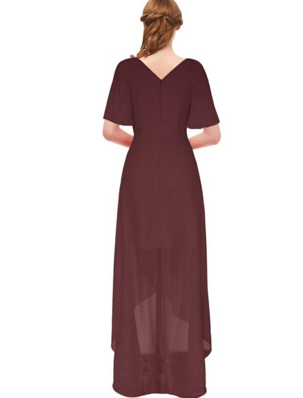 A-Line Bridesmaid Dress Plunging Neck Short Sleeve Elegant Asymmetrical Chiffon with Bow(s) / Ruching - luolandi
