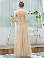 A-Line Bridesmaid Dress Plunging Neck Sleeveless Elegant Floor Length Tulle with Sequin - luodilan