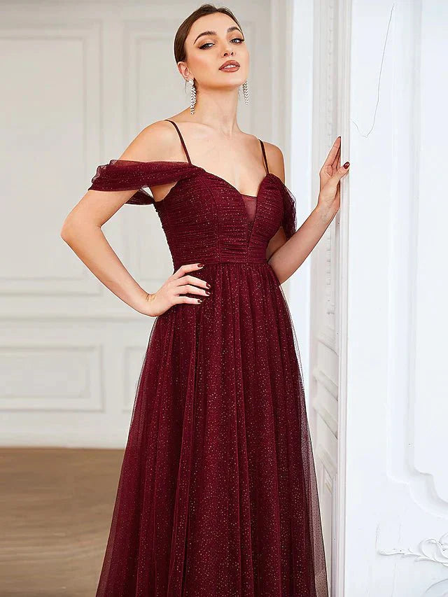 A-Line Bridesmaid Dress Spaghetti Strap / Off Shoulder Short Sleeve Elegant Floor Length Tulle with Draping / Ruching / Solid Color - luolandi