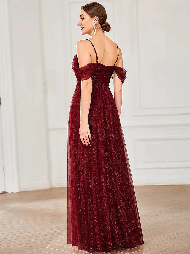 A-Line Bridesmaid Dress Spaghetti Strap / Off Shoulder Short Sleeve Elegant Floor Length Tulle with Draping / Ruching / Solid Color - luolandi