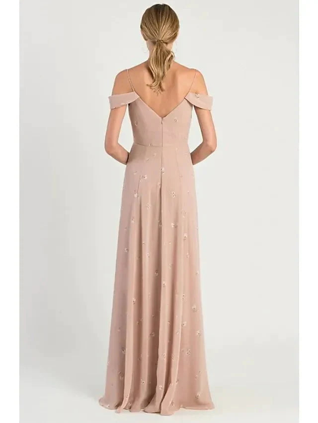 A-Line Bridesmaid Dress Spaghetti Strap Short Sleeve Open Back Sweep / Brush Train Chiffon with Pattern / Print / Split Front - luodilan