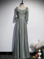 A-Line Bridesmaid Dress Square Neck Half Sleeve Elegant Floor Length Satin with Bow(s) / Beading - luolandi