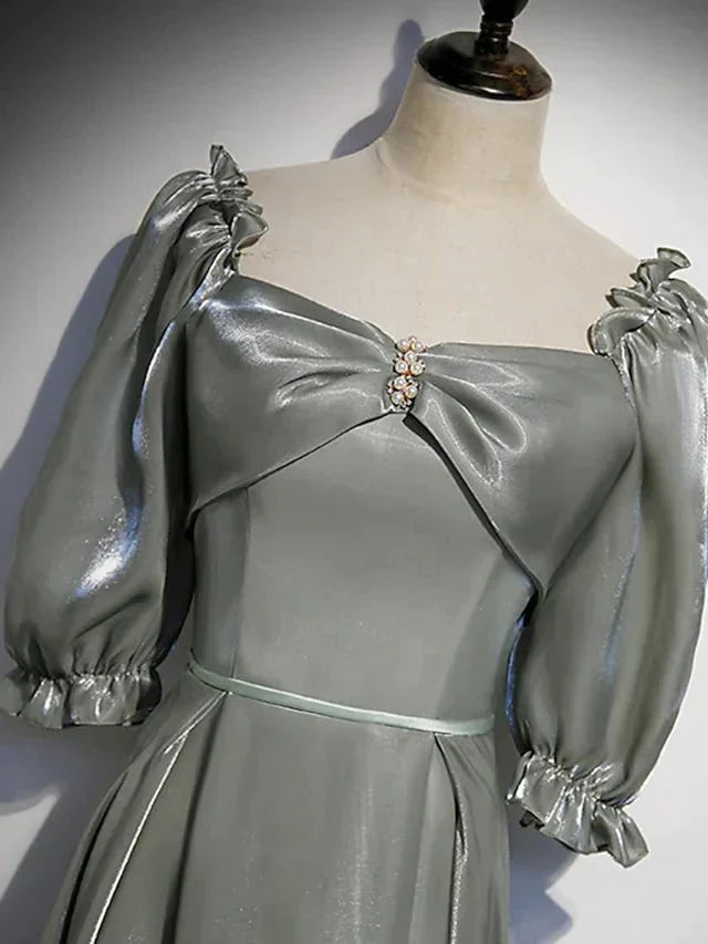 A-Line Bridesmaid Dress Square Neck Half Sleeve Elegant Floor Length Satin with Bow(s) / Beading - luolandi
