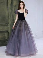 A-Line Bridesmaid Dress Square Neck Short Sleeve Elegant Floor Length Tulle with Pleats / Sequin - luodilan