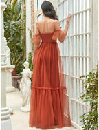 A-Line Bridesmaid Dress Strapless Short Sleeve Elegant Floor Length Tulle with Ruffles - luodilan