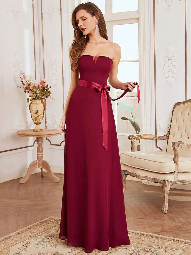 A-Line Bridesmaid Dress Strapless Sleeveless Elegant Floor Length Chiffon with Sash / Ribbon - luolandi