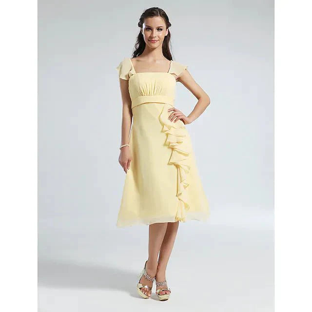 A-Line Bridesmaid Dress Straps Short Sleeve Elegant Knee Length Chiffon with Ruffles / Draping - luolandi