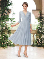 A-Line Bridesmaid Dress V Neck 3/4 Length Sleeve Elegant Tea Length Chiffon / Lace with Pleats - luodilan