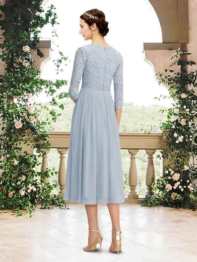 A-Line Bridesmaid Dress V Neck 3/4 Length Sleeve Elegant Tea Length Chiffon / Lace with Pleats - luodilan