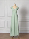 A-Line Bridesmaid Dress V Neck Short Sleeve Open Back Floor Length Chiffon with Draping - luodilan
