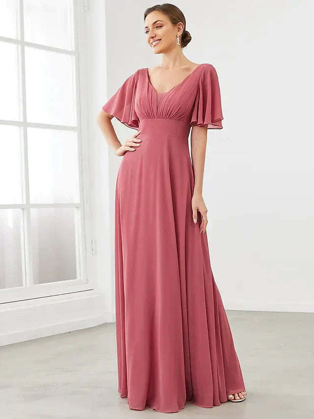 A-Line Bridesmaid Dress V Neck Short Sleeve Plus Size Floor Length Chiffon with Pleats / Draping / Solid Color - luolandi