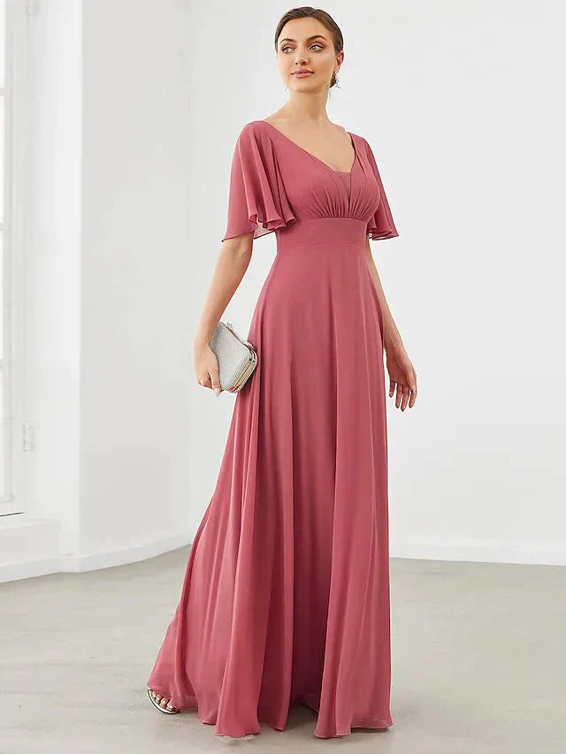 A-Line Bridesmaid Dress V Neck Short Sleeve Plus Size Floor Length Chiffon with Pleats / Draping / Solid Color - luolandi