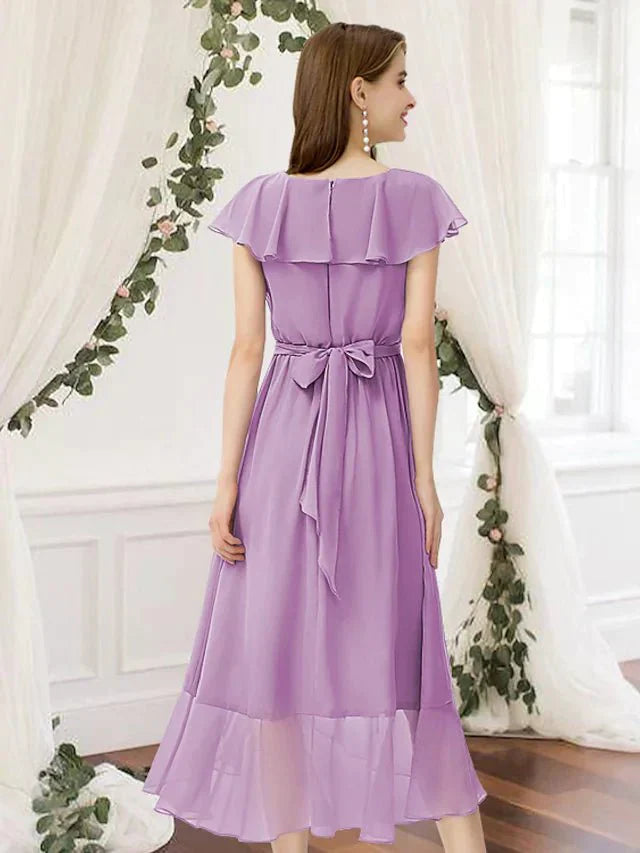 A-Line Bridesmaid Dress V Neck Sleeveless Elegant Asymmetrical Chiffon with Pleats / Ruffles - luodilan