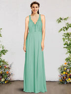 A-Line Bridesmaid Dress V Neck Sleeveless Elegant Floor Length Chiffon / Lace with Pleats - luodilan