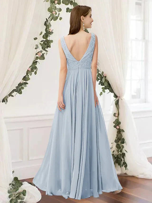 A-Line Bridesmaid Dress V Neck Sleeveless Elegant Floor Length Chiffon / Lace with Pleats - luodilan