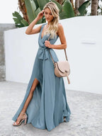 A-Line Bridesmaid Dress V Neck Sleeveless Elegant Floor Length Chiffon with Bow(s) / Pleats / Slit - luolandi